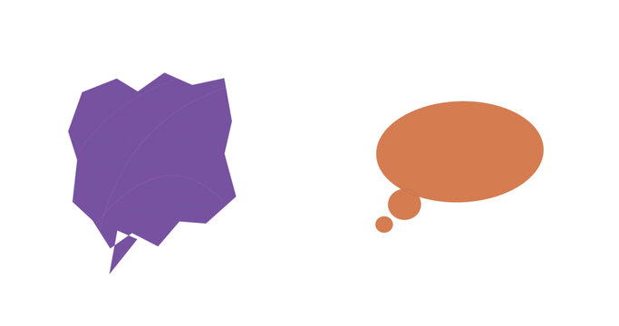 Minimalist speech bubbles set, purple jagged shout cloud and orange oval thought bubble, flat vector communication icons for web design isolated on Transparent Background