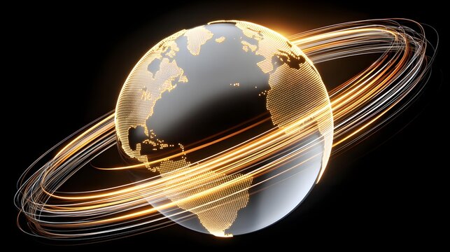 globe surrounded by orbiting data streams, global network concept, dark background