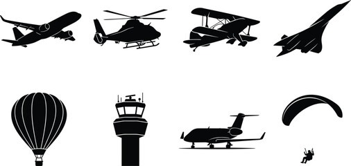 Aviation And Aircraft Vector Silhouette Icon Set Featuring Airplanes Helicopter And Control Tower © Md