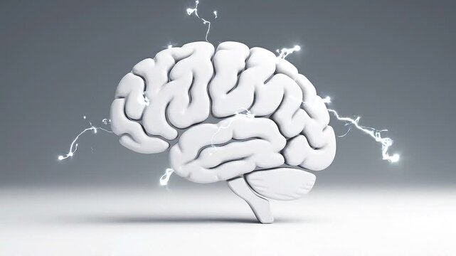 Human brain model with glowing electrical synapses and neural activity spikes