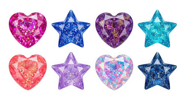Set of colorful sparkling heart and star shaped gemstones isolated on transparent background