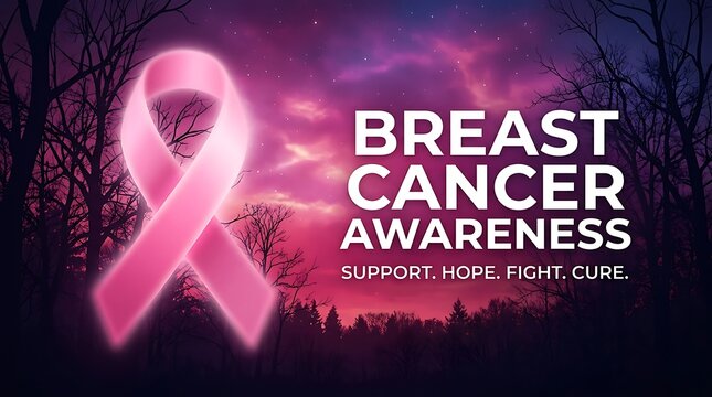 Pink ribbon symbol for breast cancer day awareness campaign with inspirational text on a dark background