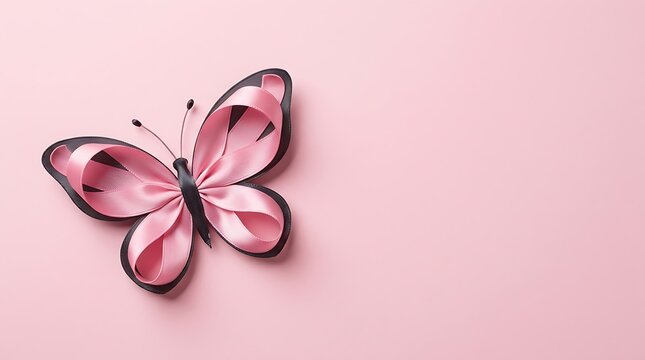 Decorative pink butterfly made of ribbon for breast cancer day awareness campaign on a soft pink background