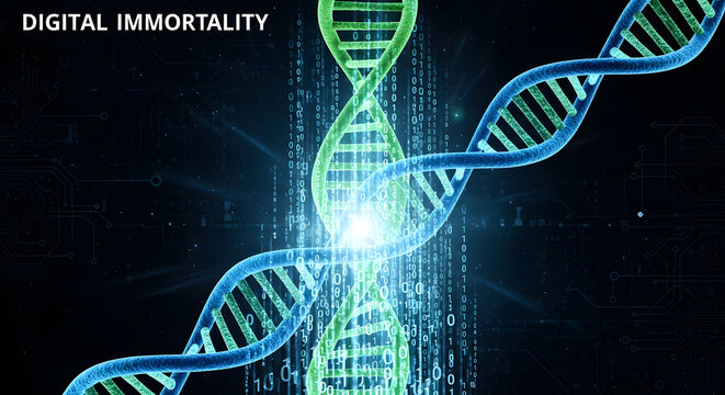 Abstract representation of digital DNA strands with binary data code representing biotechnology and future genetics in technology