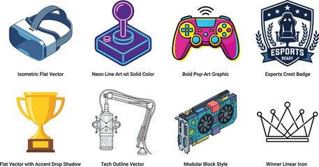 WeGaming and Esports Vector Icons Set Featuring VR Headset Gamepad Trophy and Graphics Card © Md