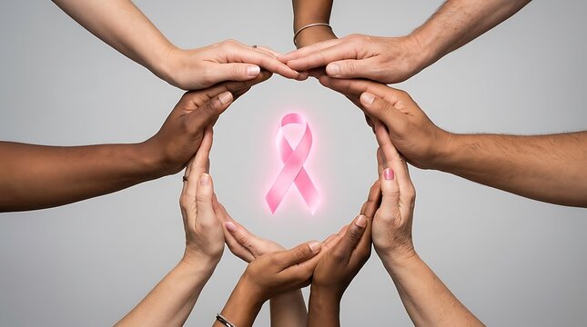 Diverse group of people holding hands around a pink ribbon for breast cancer day awareness campaign