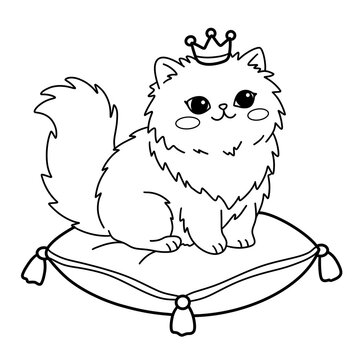 Cute Fluffy Cat Wearing a Crown on a Pillow Line Art Coloring Page Illustration