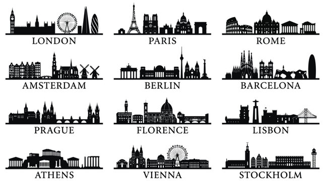 European City Skylines Silhouette Set Flat Vector Illustration