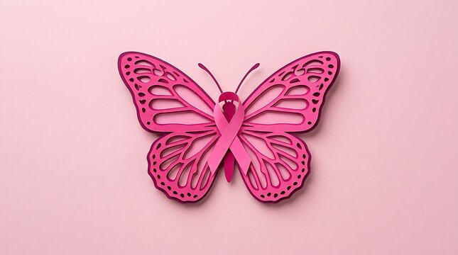 Pink butterfly shaped like a ribbon for breast cancer day awareness campaign on a soft pink background