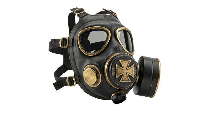 Vintage gas mask with ornate iron cross emblem and brass accents