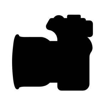 Professional DSLR camera silhouette, digital mirrorless camera icon vector, black photography equipment shape on white