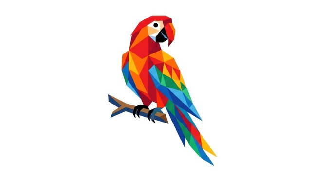 Vibrant red macaw parrot perched on branch. Colorful tropical bird icon isolated on white background for design and branding.