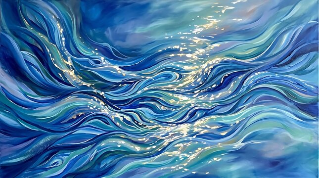 Abstract oil painting with flowing blue water waves and gold foil accents