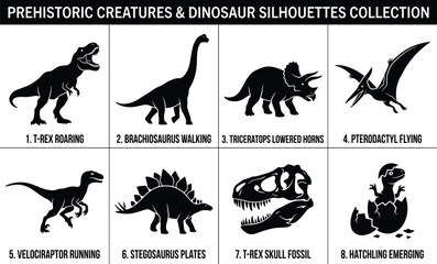 Prehistoric Dinosaurs Silhouette Collection Featuring T-Rex Brachiosaurus Triceratops and Flying Pterodactyl Icons © Md