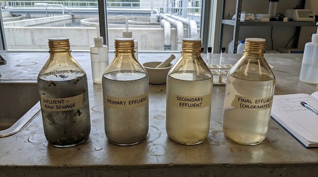 Glass bottles show water purification stages from sewage to clean effluent in a laboratory.