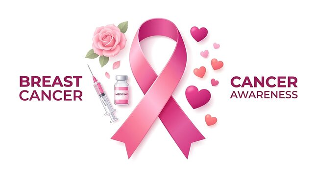 Pink ribbon symbol for breast cancer day awareness campaign featuring decorative flowers and hearts on white background