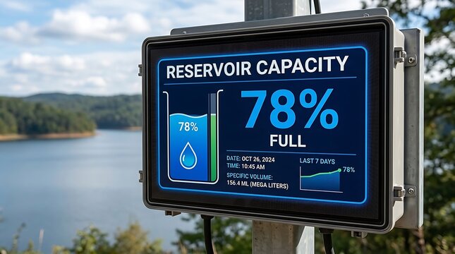 Reservoir water capacity monitor display showing seventy-eight percent full level