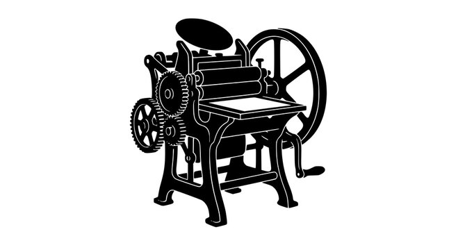 Vintage Industrial Printing Press Machine Silhouette Vector Illustration for Newspaper Publishing Typography Printing House and Paper Manufacturing Equipment