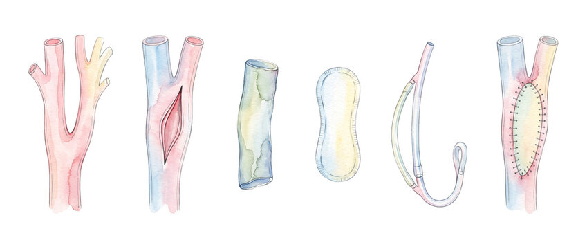 Vascular surgery blood vessel repair diagram showing surgical steps of carotid endarterectomy, arteriotomy, bypass shunt, patch angioplasty, and sutured artery on black background, watercolor style.