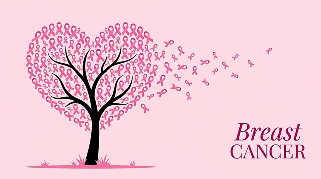Conceptual heart shaped tree illustration for breast cancer day awareness with pink ribbons and inspirational text design