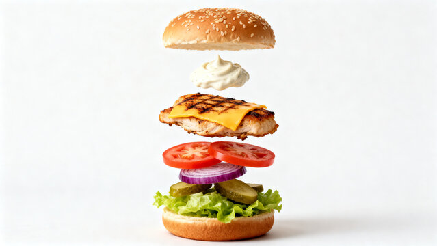 Exploded chicken burger isolated with crispy fresh ingredients