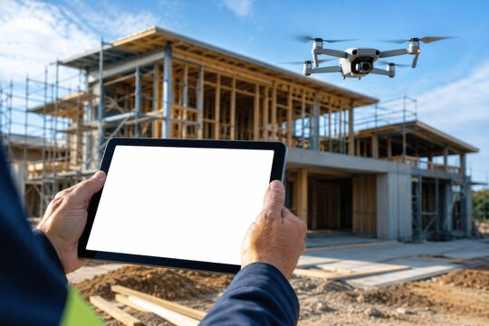 An engineer holds a tablet with a blank screen while a drone hovers over a residential building site.
