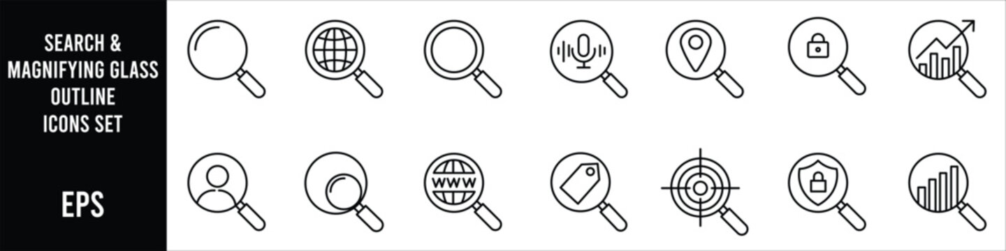 Minimal search and magnifying glass outline icon set featuring web security analytics location user voice target and internet symbols for interface design