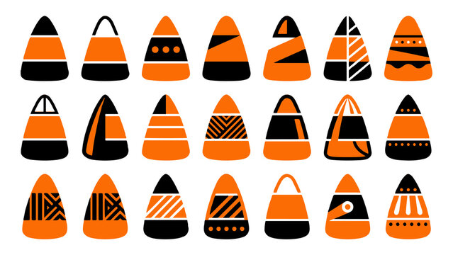 Set of decorative candy corn icons with various patterns and textures for festive halloween holiday design and seasonal party decoration projects