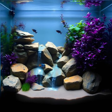 Beautiful freshwater aquarium featuring an intricate rock waterfall structure, vibrant purple and green aquatic plants, glowing blue lighting, and small swimming fish in sand substrate.