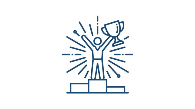 Person holding trophy on winner podium with radiating lines.