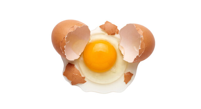 Broken brown egg with bright yellow yolk and scattered shell fragments