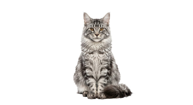 Majestic silver tabby Maine Coon cat sitting regally on a white background