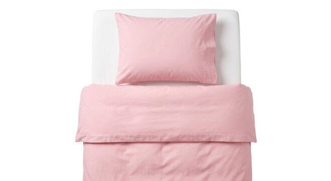 Soft pink bedding set with pillow and duvet cover on a white background