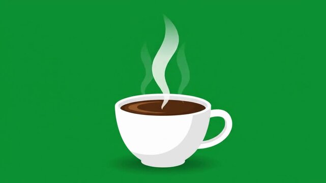 Minimalist White Line Coffee Cup Icon with Looping Steam on Green Screen