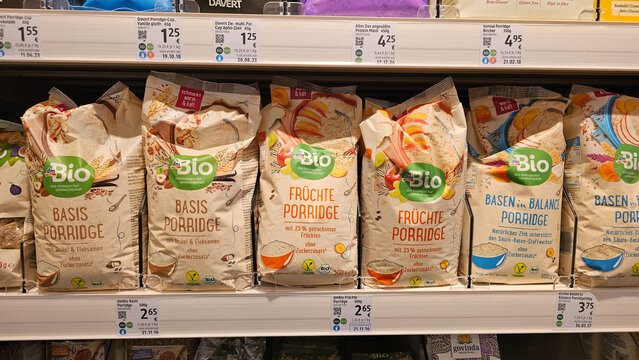 Dm bio porridge cereal bags on supermarket shelf