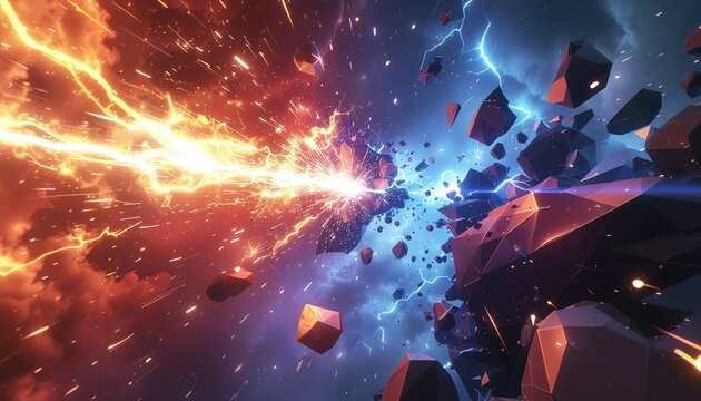 Intense cosmic collision of asteroids and glowing fire lightning energy in deep space with asteroid