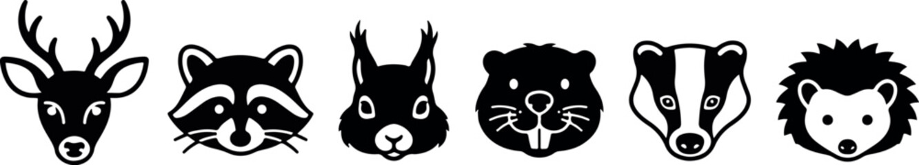 A collection of cute woodland animal head illustrations featuring a deer raccoon squirrel beaver badger and hedgehog in a simple style © shahinahmed