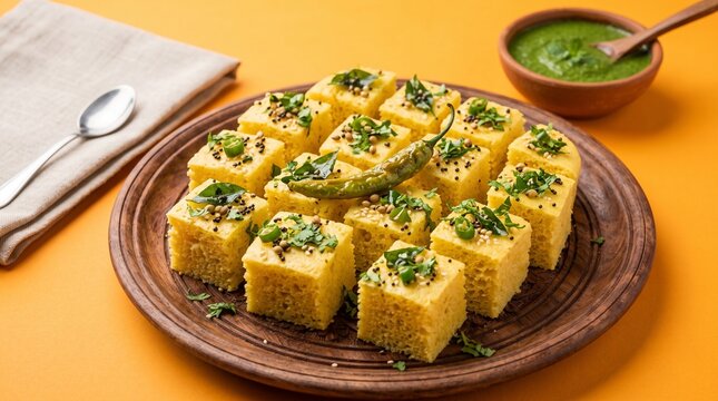 Fresh Khaman Dhokla Cubes Garnished with Green Chilies and Coriander
