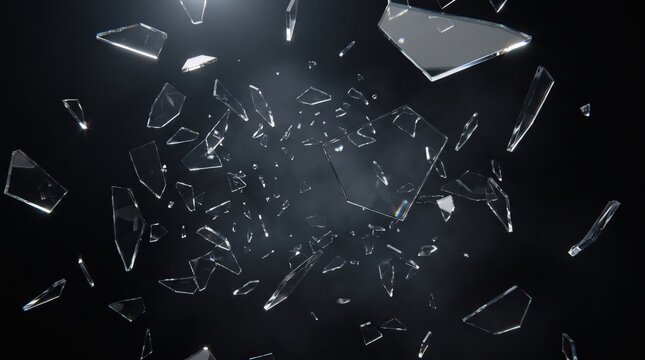 Abstract background with shattered glass pieces flying in the air on a black backdrop