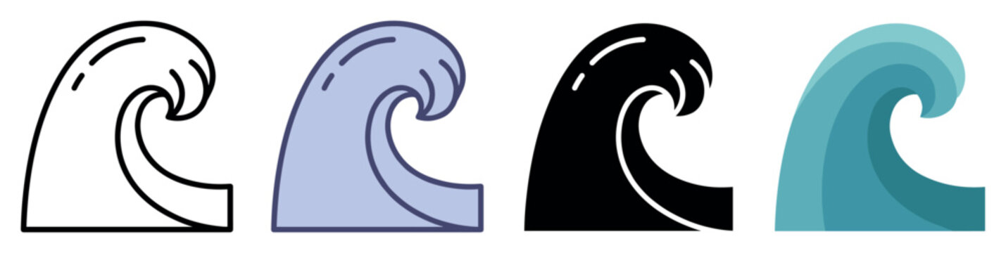 Ocean wave icons set. Water and marine nature concept. Includes breaking wave, curling wave, sea swell, tidal wave, surf wave. Flat, line, and solid styles