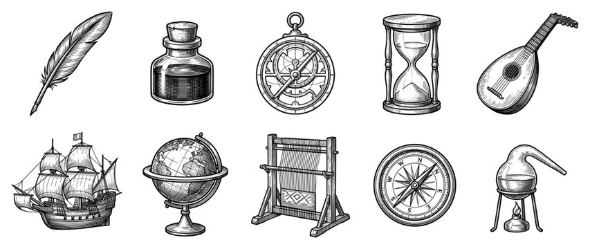 Vintage tools and instruments icons set. Historical objects and discovery concept. Includes quill pen, inkwell, astrolabe, hourglass, lute, sailing ship, globe, loom, compass, alembic