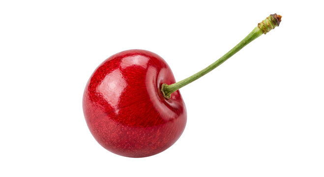 Single ripe red cherry with a green stem on a white background