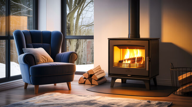 A Cozy Winter Living Room Interior Featuring a Warm Wood-Burning Stove and Comfortable Blue Armchair Near a Large Window