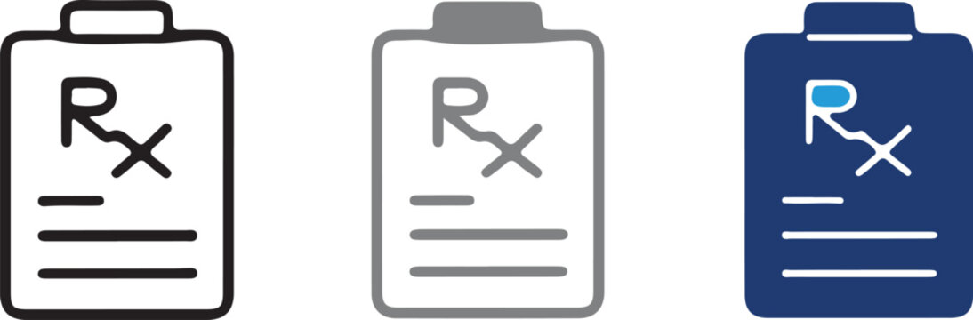 Handmade vector illustration set of medical prescription icons with rx document and doctor note symbols, on transparent background.