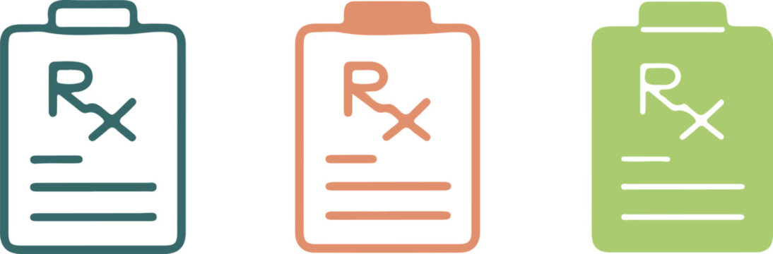 Handmade vector illustration set of colorful medical prescription icons with rx document and doctor note symbols, on transparent background.