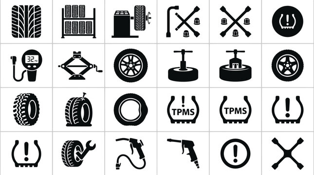 Automotive tire service solid black icons.