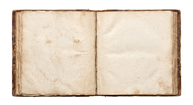 Antique open book with aged, blank pages and worn leather binding