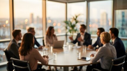 Fototapeta premium Blurred professional business team meeting in a high-rise conference room at sunset with city view, teamwork and corporate strategy concept