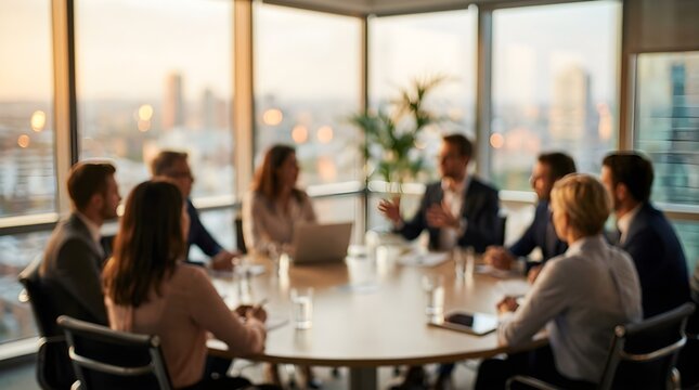 Blurred professional business team meeting in a high-rise conference room at sunset with city view, teamwork and corporate strategy concept