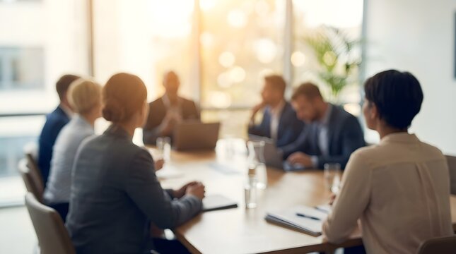 Diverse group of business people sitting around a conference table in a modern bright office during a corporate meeting